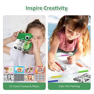 AURTEC Instant Camera for Kids, Mini Thermal Printing Camera, No Ink Required, 48MP Dual Camera,1080P HD Video, 32G TF Card, 3 Print Paper, 2.4 Inch Color Screen, Cute Animal Cartoon Design, Dinosaur