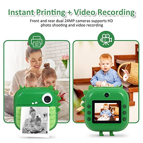 AURTEC Instant Camera for Kids, Mini Thermal Printing Camera, No Ink Required, 48MP Dual Camera,1080P HD Video, 32G TF Card, 3 Print Paper, 2.4 Inch Color Screen, Cute Animal Cartoon Design, Dinosaur