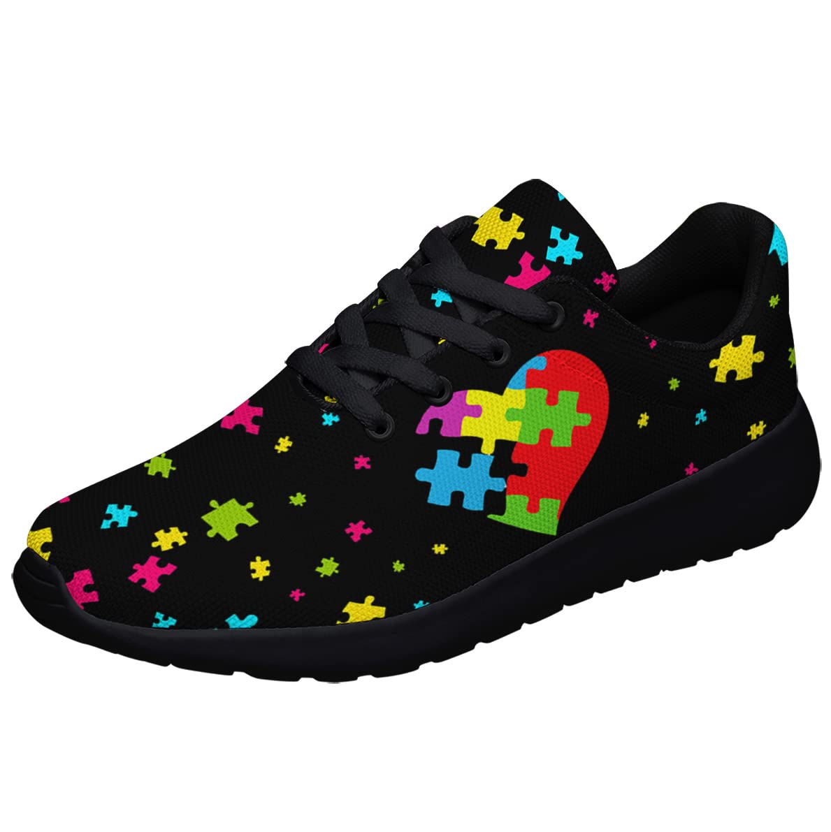 Autism Shoes Women Men Lightweight Breathable Running Sneaker Autism Awareness Heart Pattern Tennis Walking Gym Shoes Black Size 6