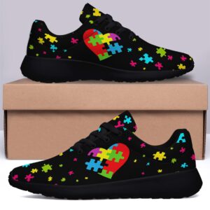 Autism Shoes Women Men Lightweight Breathable Running Sneaker Autism Awareness Heart Pattern Tennis Walking Gym Shoes Black Size 6