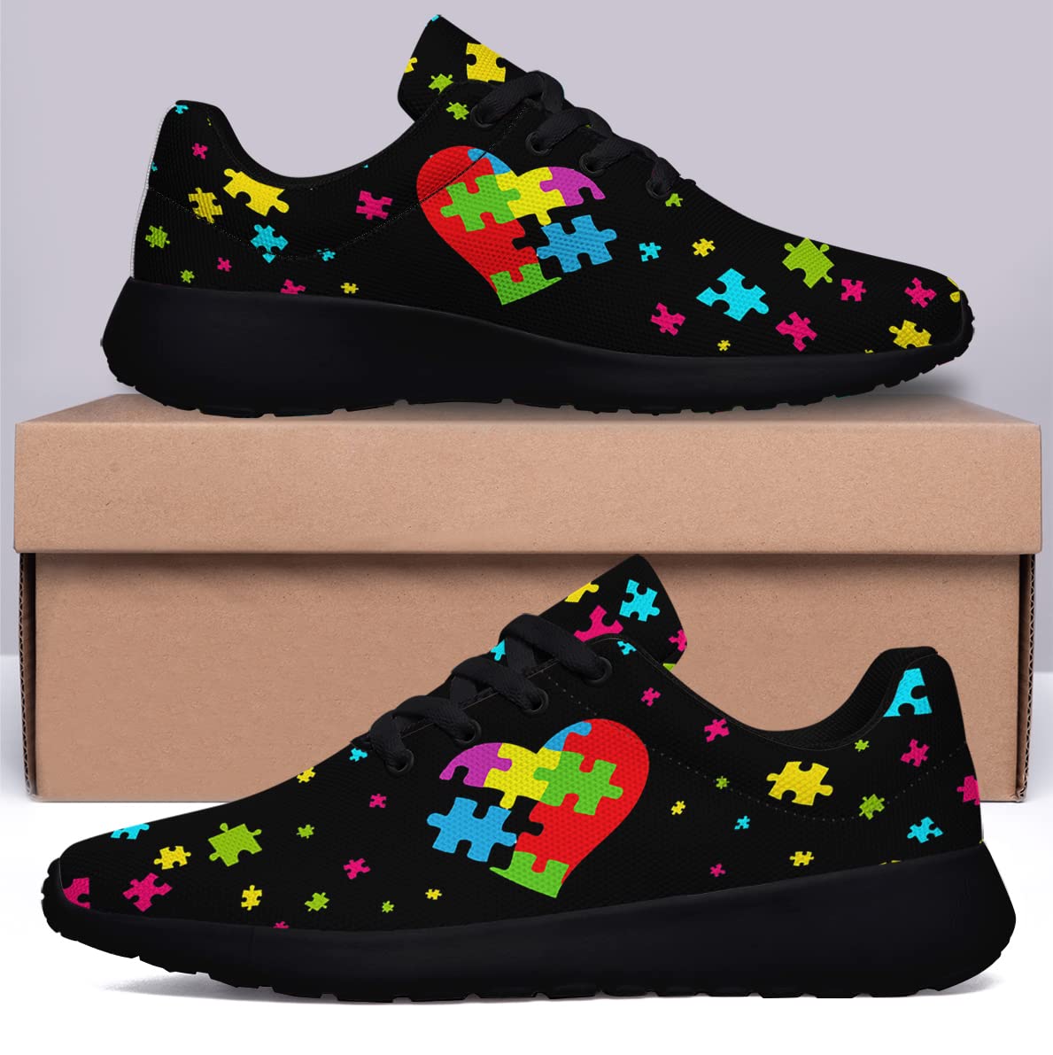 Autism Shoes Women Men Lightweight Breathable Running Sneaker Autism Awareness Heart Pattern Tennis Walking Gym Shoes Black Size 6