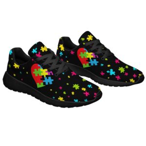 Autism Shoes Women Men Lightweight Breathable Running Sneaker Autism Awareness Heart Pattern Tennis Walking Gym Shoes Black Size 6