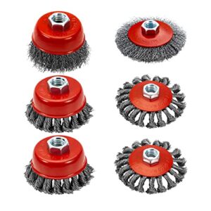 auprex wire wheel for 4 1/2 angle grinder, 4 inch knotted coarse crimped wire wheels, 3 inch knotted coarse crimped wire cup brush, angle grinder wire wheel cup brush set with 5/8-11unc threaded arbor