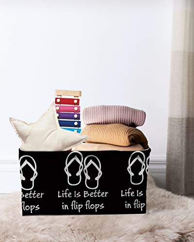 Storage Basket Black Flip Flops Large Foldable Storage Bins with Handles Life Is Better In Flip Flops Waterproof Fabric Laundry Baskets for Organizing Shelves Closet Toy Gifts Bedroom Home Decor