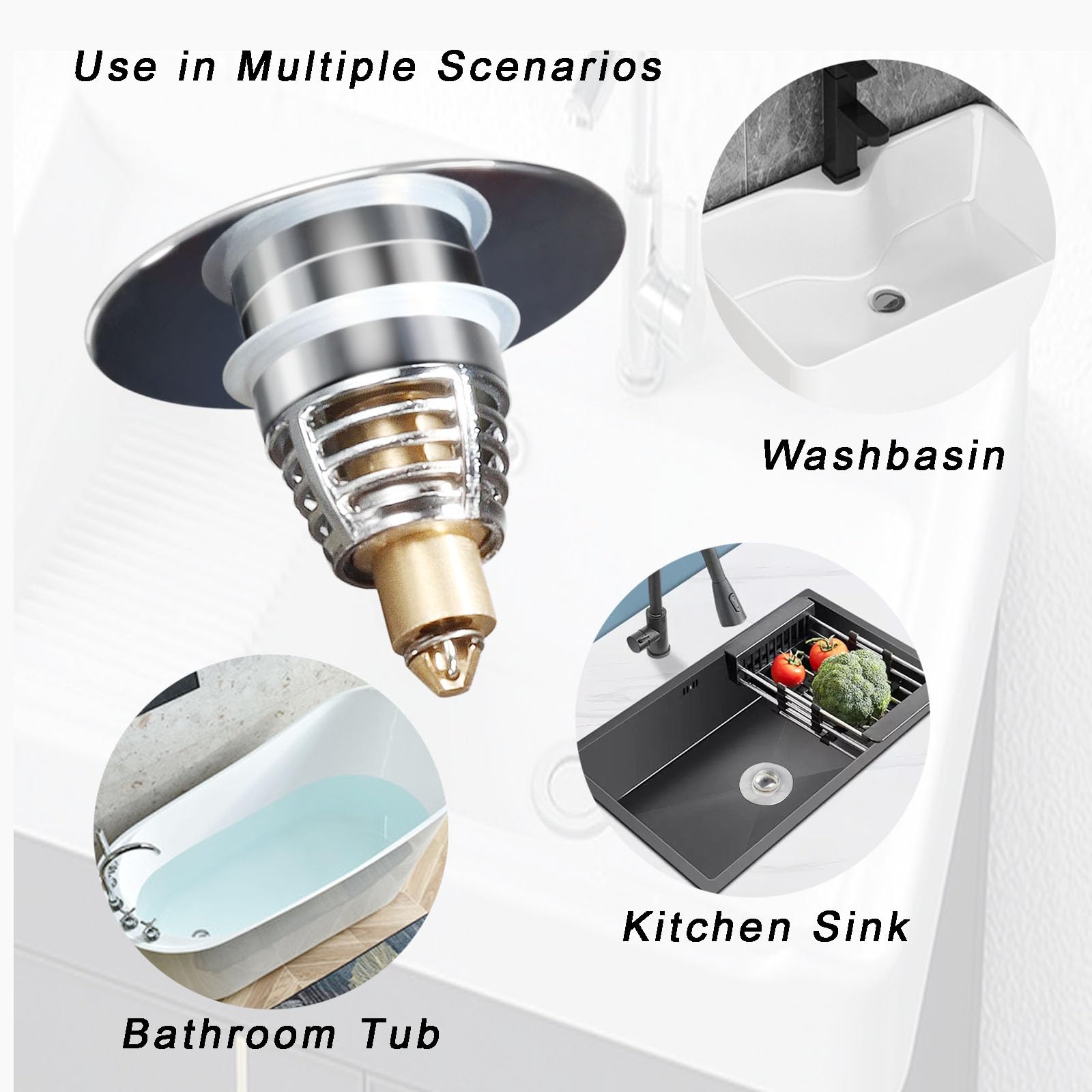 BAISASY Bathroom Sink Stopper, Upgraded Pop Up Sink Drain Stopper for 1.06~1.75inch Drain Holes, Stainless Steel Rapid Drainage Anti Clogging Tub Stopper with Filter Basket Hair Catcher