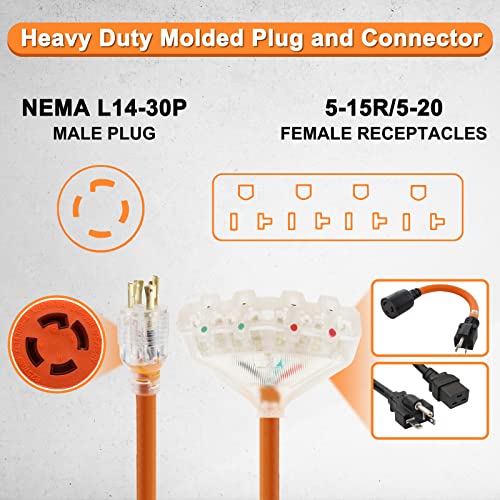 Finderomend 30 Amp to 110 Adapter, 5-20R x4-Outlets Generator Adapter Cord 25 Ft to 4X Household 125/250V (NEMA 14-30P to Four 5-20R) STW 10AWG for Power Outages, Camping, and Job Sites