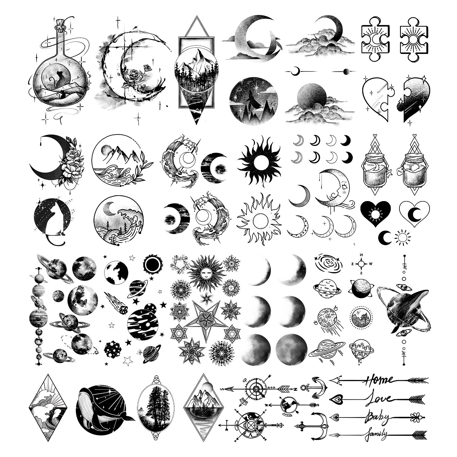 Cerlaza Temporary Tattoos for Men Women, 30 Sheets Small Hand Fake Tattoos for Adult Body Art, Waterproof Tattoo Stickers Space Moon Design on Neck Clavicle Shoulder