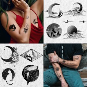 Cerlaza Temporary Tattoos for Men Women, 30 Sheets Small Hand Fake Tattoos for Adult Body Art, Waterproof Tattoo Stickers Space Moon Design on Neck Clavicle Shoulder