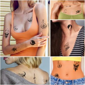 Cerlaza Temporary Tattoos for Men Women, 30 Sheets Small Hand Fake Tattoos for Adult Body Art, Waterproof Tattoo Stickers Space Moon Design on Neck Clavicle Shoulder