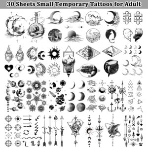 Cerlaza Temporary Tattoos for Men Women, 30 Sheets Small Hand Fake Tattoos for Adult Body Art, Waterproof Tattoo Stickers Space Moon Design on Neck Clavicle Shoulder