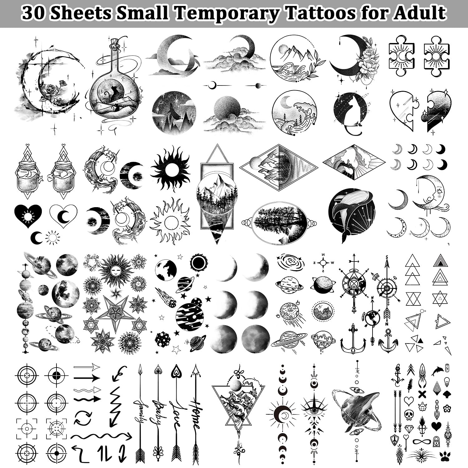 Cerlaza Temporary Tattoos for Men Women, 30 Sheets Small Hand Fake Tattoos for Adult Body Art, Waterproof Tattoo Stickers Space Moon Design on Neck Clavicle Shoulder