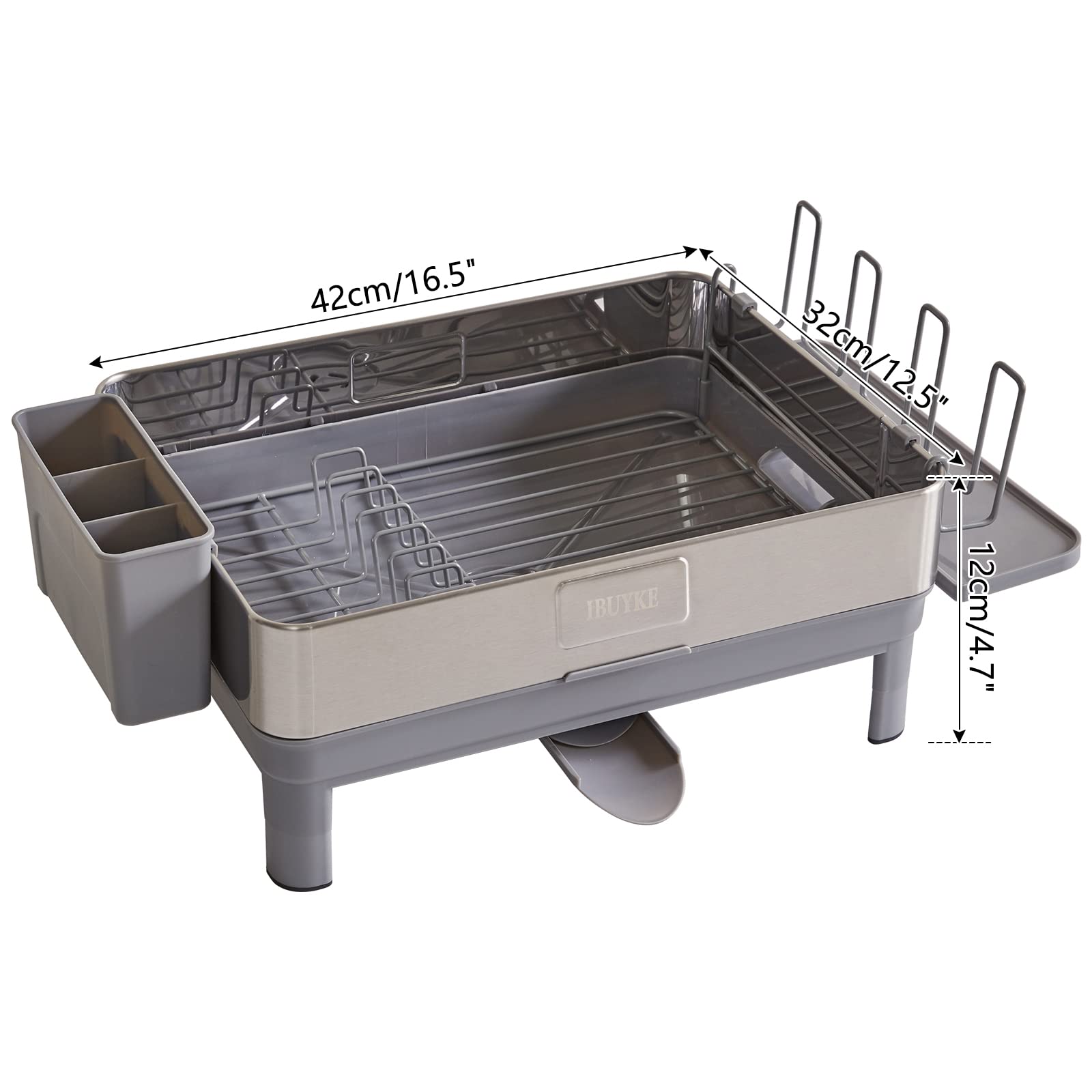 IBUYKE Stainless Steel Dish Drying Rack,Rust Resistan Dish Racks for Kitchen Counter,Dish drainers with 360° Rotatable Spout and Removable Flatware Caddy,Silver Gray TDS002G