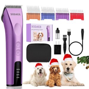 professional animal pet dog cat and horse cordless hair clipper grooming kit with 5 in 1 blade low noise & high power rechargeable cordless pet grooming clipper for thick heavy coats -purple