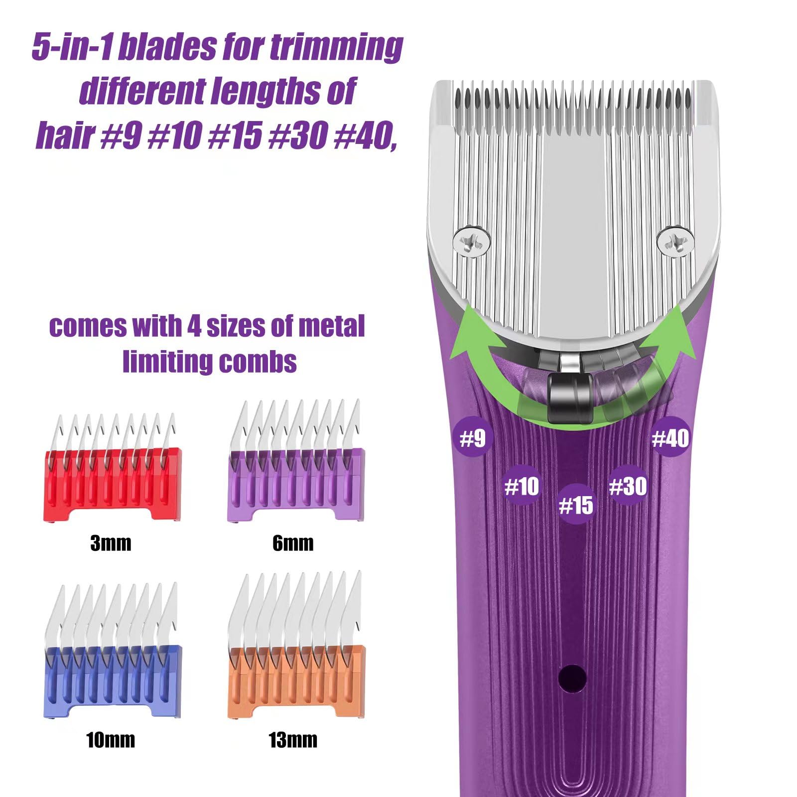 Professional Animal Pet Dog Cat and Horse Cordless Hair Clipper Grooming Kit with 5 in 1 Blade Low Noise & High Power Rechargeable Cordless Pet Grooming Clipper for Thick Heavy Coats -Purple