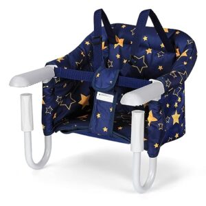 hook on chair, folding fast table chair with storage bag, washable clip-on high chair for babies and toddlers, portable baby feeding seat attach to table for home and travel, navy
