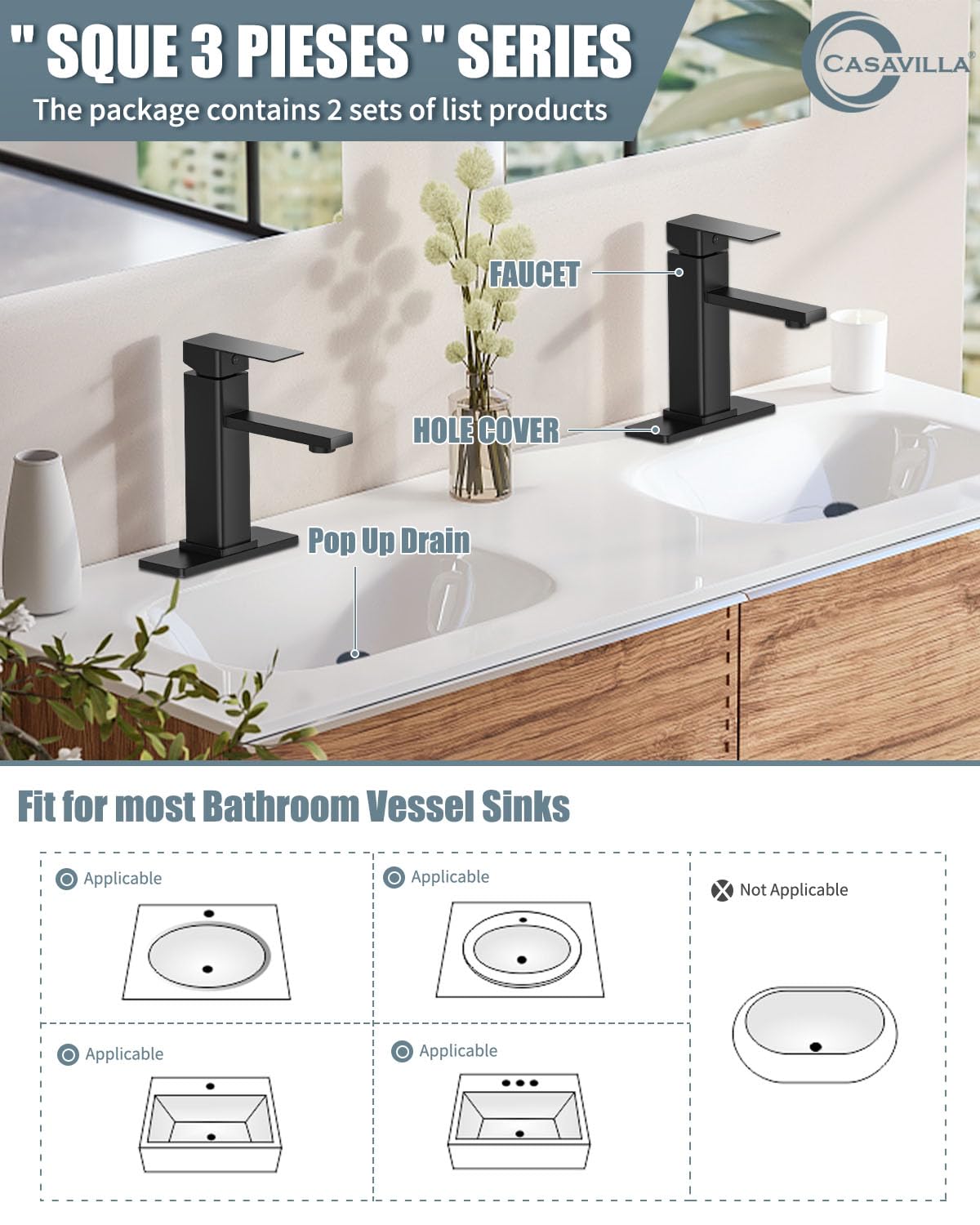 Casavilla Bathroom Faucet Set with Pop Up Drain, Single Handle Black Bathroom Sink Faucet with Deck Plate, Vanity Faucet for Bathroom Sink (1 Hole or 3 Holes), Farmhouse RV Sink Faucet-2 Sets