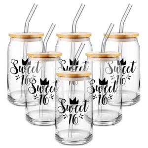 lallisa 6 pack sweet 16 gifts for girls drinking glasses with lids and straw 16th birthday decorations clear sweet 16 coffee glass cups for daughter granddaughter niece student party supplies favors