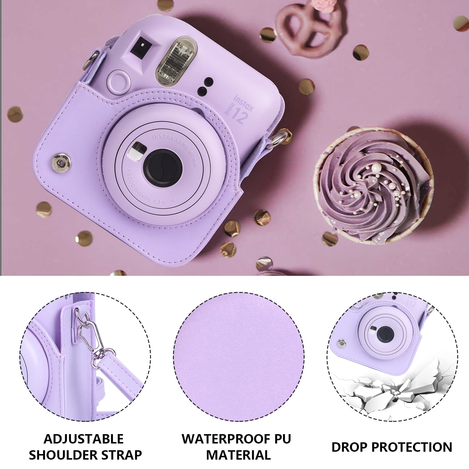 CAIYOULE Accessories for Fuji Instax Mini 12 Camera, Accessory Bundle Include PU Leather 12 Case, Mini Picture Album, Frames, DIY Stickers, Color Filter (No Camera) - Lilac Purple