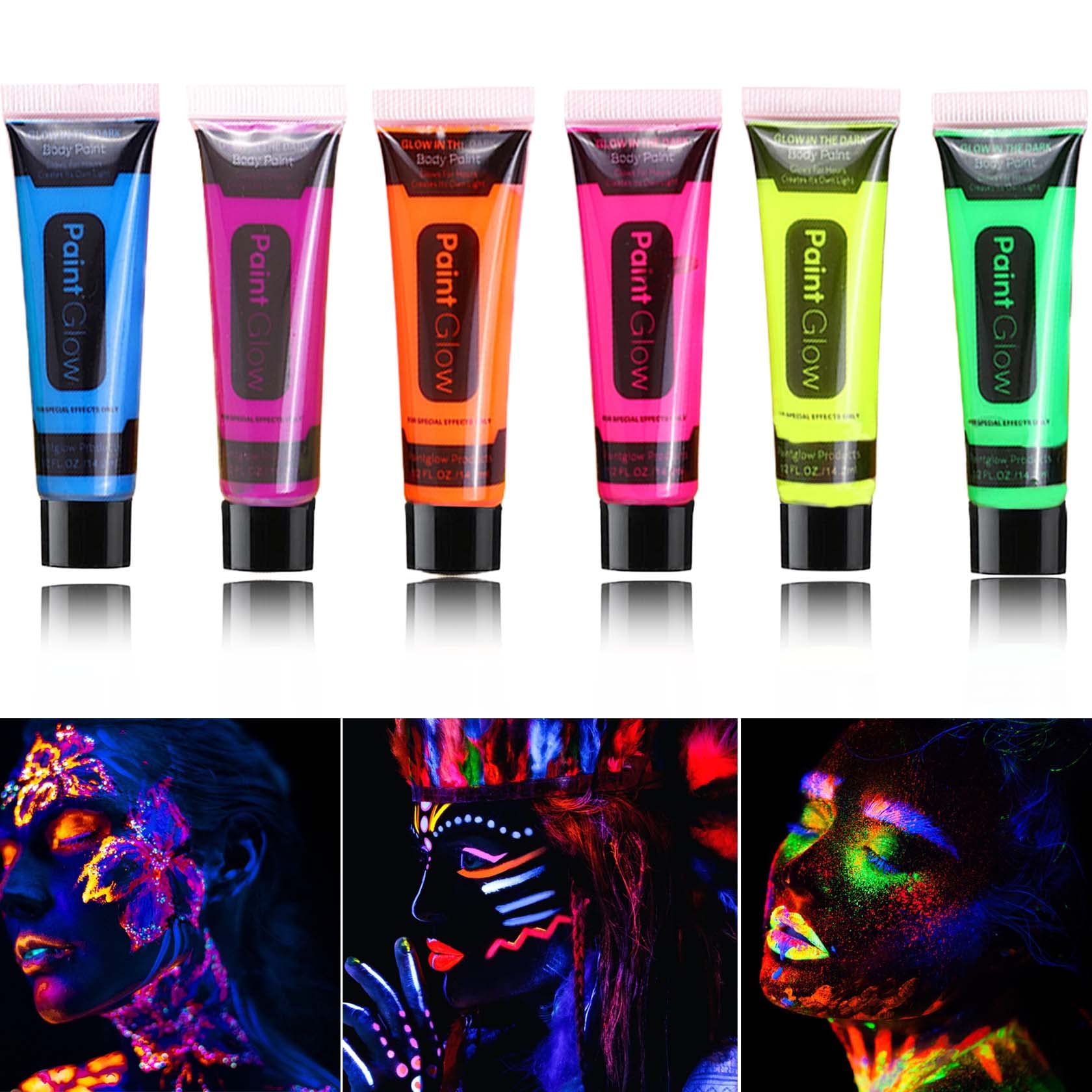 WENJLYJ 6 PCS Glow Body Paint Set,Glow in Dark Face Glitter Paint Body Glow Powder Neon Party Supplies Facial Highlighter Kits for Adults&Kids,Body Makeup