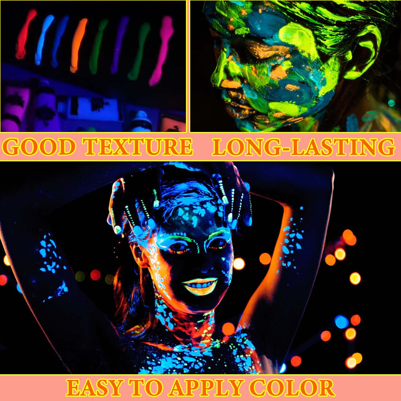 WENJLYJ 6 PCS Glow Body Paint Set,Glow in Dark Face Glitter Paint Body Glow Powder Neon Party Supplies Facial Highlighter Kits for Adults&Kids,Body Makeup