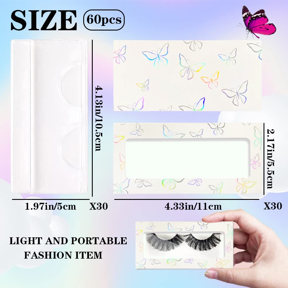 60 Pieces False Eyelashes Box Empty Lash Packaging Storage Containers 30 Soft Paper Lash Boxes with 30 Tray Colored butterfly Prints Lash Case Holder (White laser butterfly)