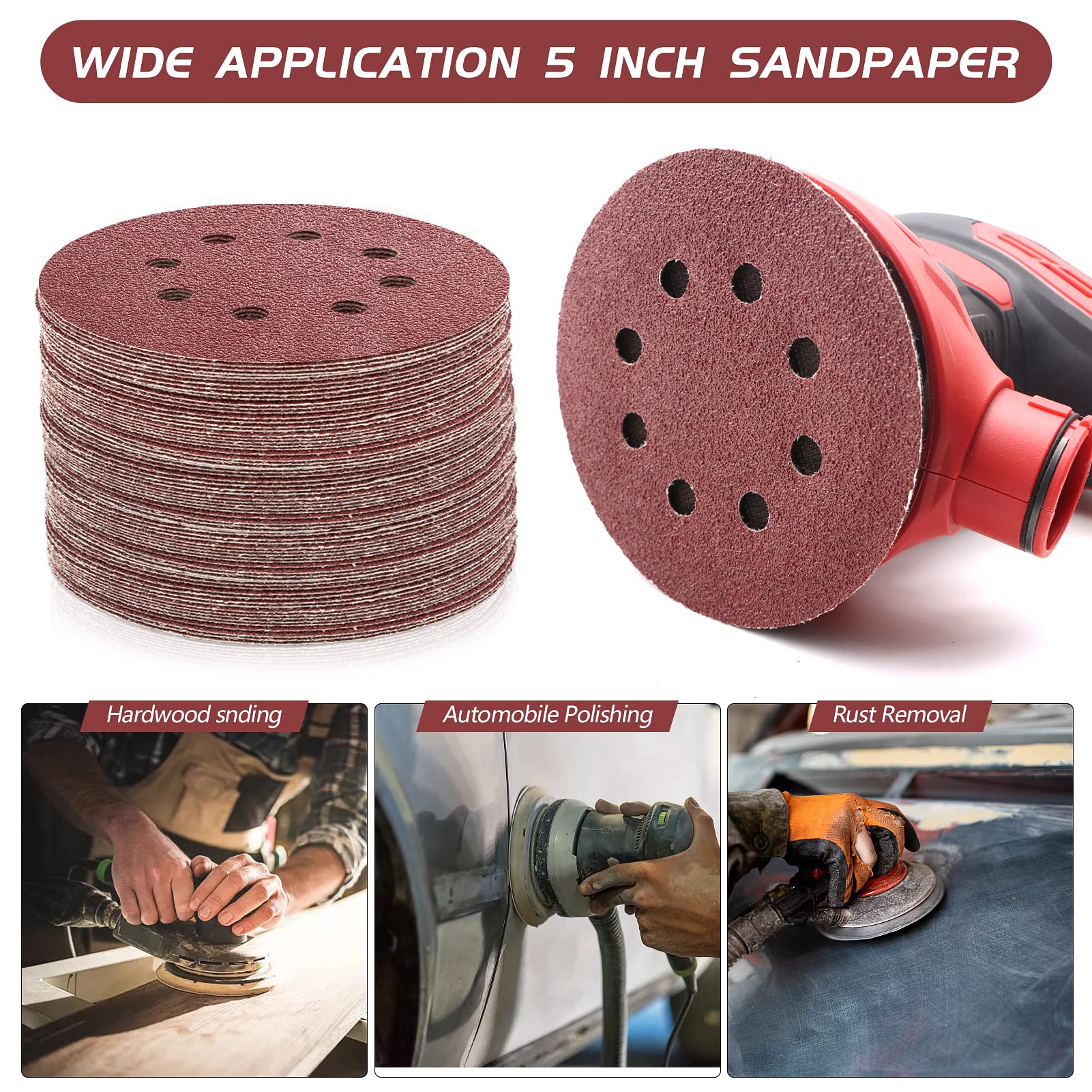 ZEHIQ 110pcs 5 Inch Sanding Disc 40 Grit, 8 Hole Hook and Loop Sandpaper Round Sanding Pads Random Orbital Sander Paper for Automotive and Wood Working