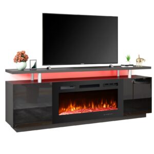 erommy 70'' fireplace tv stand with 36'' electric fireplace, entertainment center with 16 color led lights and 12 flame fireplace insert heater, tv console for tvs up to 80'' for living room, black