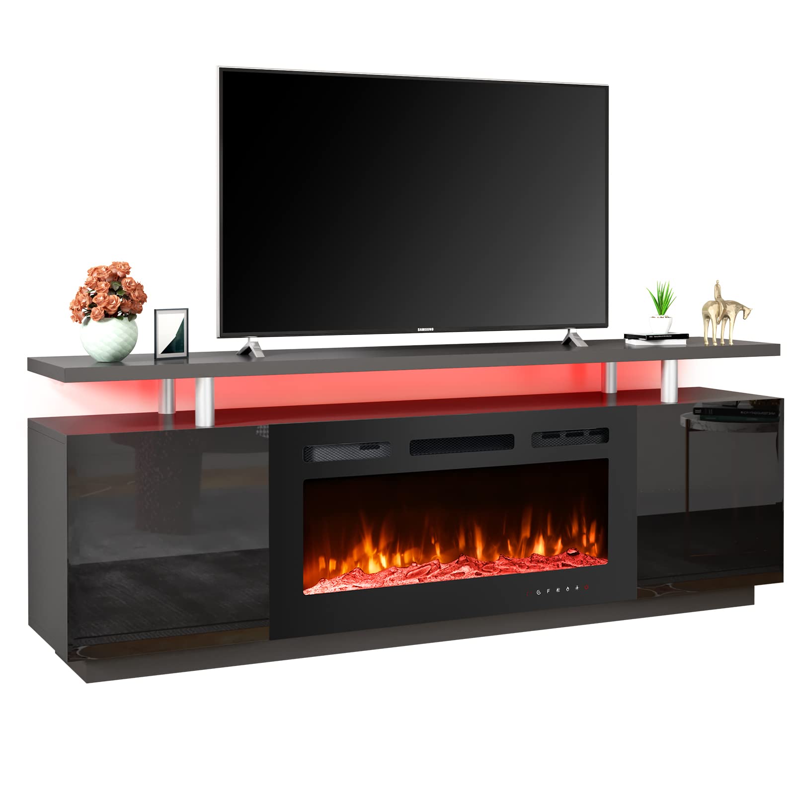 EROMMY 70'' Fireplace TV Stand with 36'' Electric Fireplace, Entertainment Center with 16 Color Led Lights and 12 Flame Fireplace Insert Heater, TV Console for TVs up to 80'' for Living Room, Black