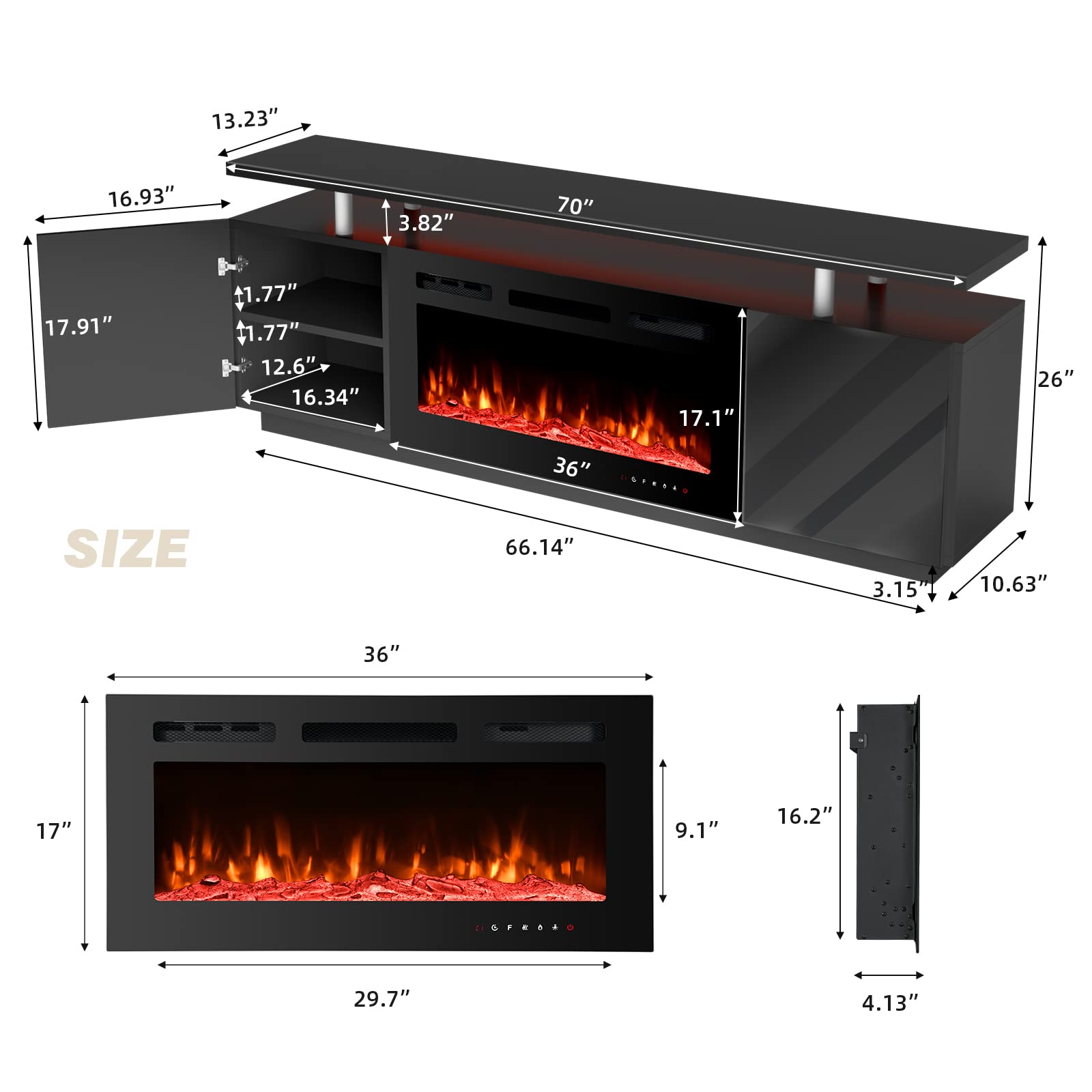 EROMMY 70'' Fireplace TV Stand with 36'' Electric Fireplace, Entertainment Center with 16 Color Led Lights and 12 Flame Fireplace Insert Heater, TV Console for TVs up to 80'' for Living Room, Black