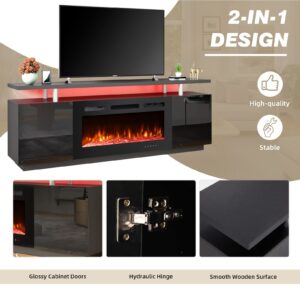 EROMMY 70'' Fireplace TV Stand with 36'' Electric Fireplace, Entertainment Center with 16 Color Led Lights and 12 Flame Fireplace Insert Heater, TV Console for TVs up to 80'' for Living Room, Black