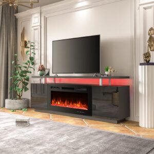 EROMMY 70'' Fireplace TV Stand with 36'' Electric Fireplace, Entertainment Center with 16 Color Led Lights and 12 Flame Fireplace Insert Heater, TV Console for TVs up to 80'' for Living Room, Black