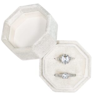 vicoter velvet ring box, ring box 2 slots ring gift box double slots octagon ring display holder case for proposal engagement wedding ceremony (ivory)