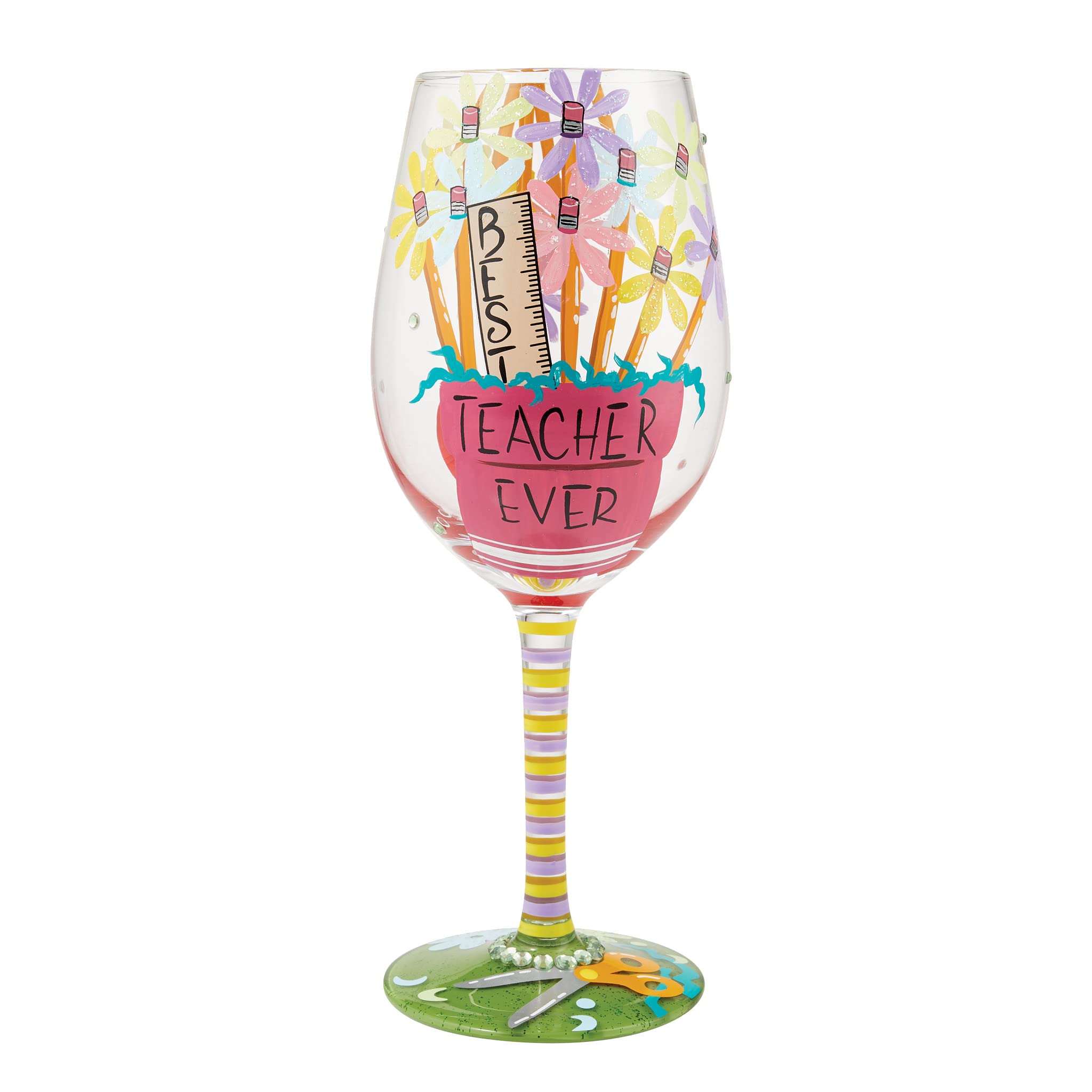 Enesco Designs by Lolita Best Teacher Ever Hand-Painted Artisan Wine Glass, 15 Ounce, Multicolor