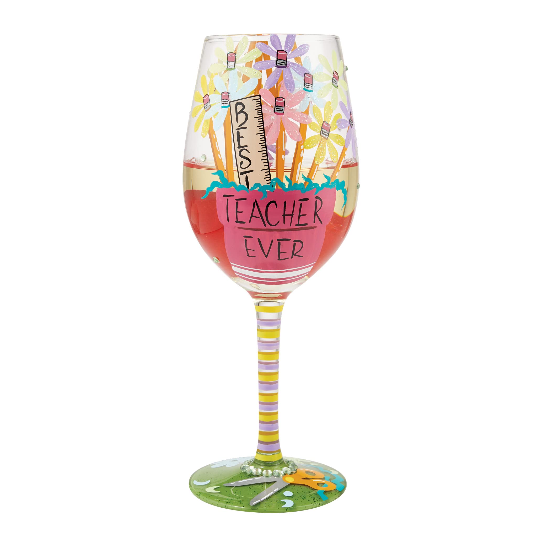 Enesco Designs by Lolita Best Teacher Ever Hand-Painted Artisan Wine Glass, 15 Ounce, Multicolor