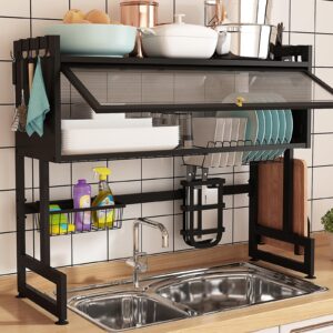 bukfen dish drying rack, large stainless steel over the sink 2 tier dish rack with cover for kitchen (black, middle 33.46 length)
