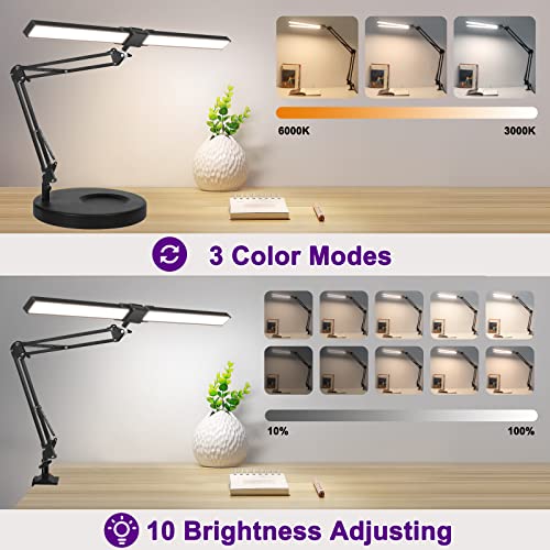 Led Desk Lamp with Clamp and Stand, Double Head LED Desk Lamp, 24W Brightest Led Workbench Office Light Desk Lamps for Home Office, Eye-Caring Architect Desk Light for Monitor Studio Reading