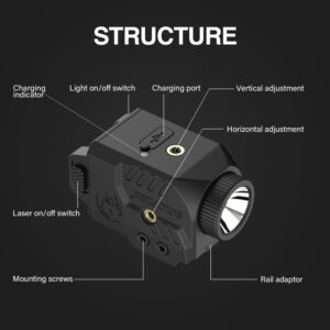 Solofish 600lm Pistol Light Laser Combo with Adjustable Rail for Full & Compact Rail, Shockproof Green Laser Sight and Gun Light with Strobe & Memory Function, Rechargeable