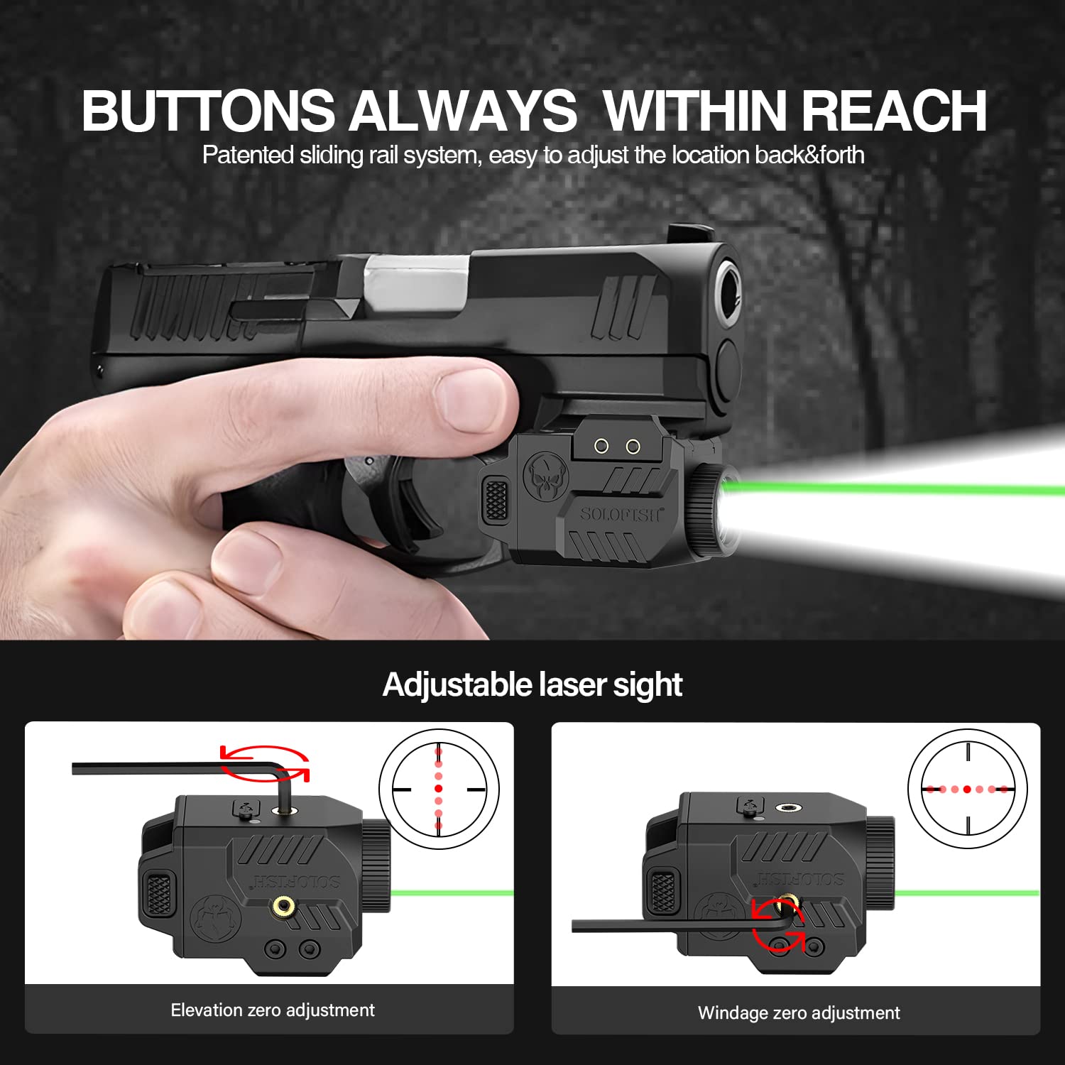 Solofish 600lm Pistol Light Laser Combo with Adjustable Rail for Full & Compact Rail, Shockproof Green Laser Sight and Gun Light with Strobe & Memory Function, Rechargeable