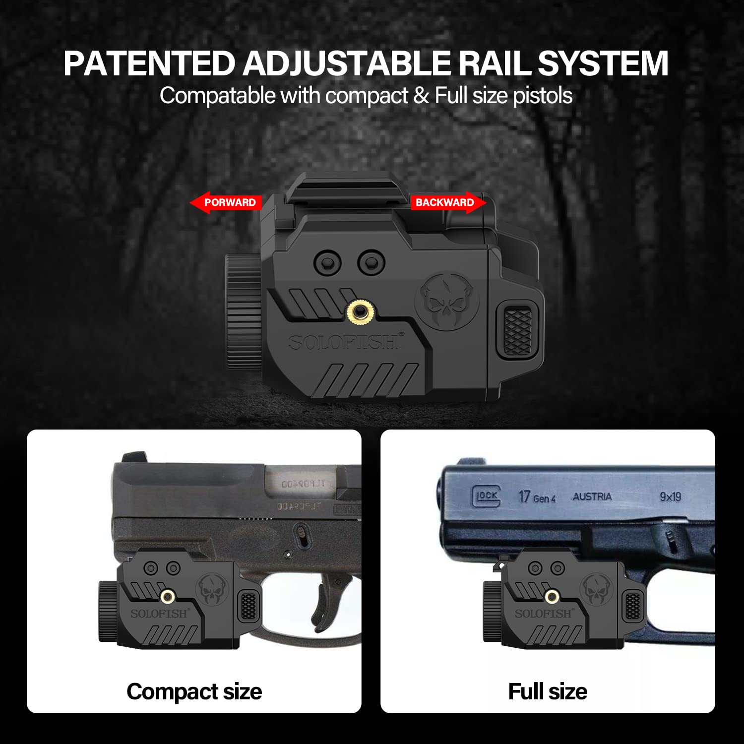 Solofish 600lm Pistol Light Laser Combo with Adjustable Rail for Full & Compact Rail, Shockproof Green Laser Sight and Gun Light with Strobe & Memory Function, Rechargeable