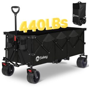 sekey 48''l collapsible foldable extended wagon with 440lbs weight capacity, heavy duty 300l folding utility garden cart with big all-terrain beach wheels & drink holders. black