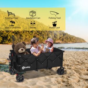 Sekey 48''L Collapsible Foldable Extended Wagon with 440lbs Weight Capacity, Heavy Duty 300L Folding Utility Garden Cart with Big All-Terrain Beach Wheels & Drink Holders. Black