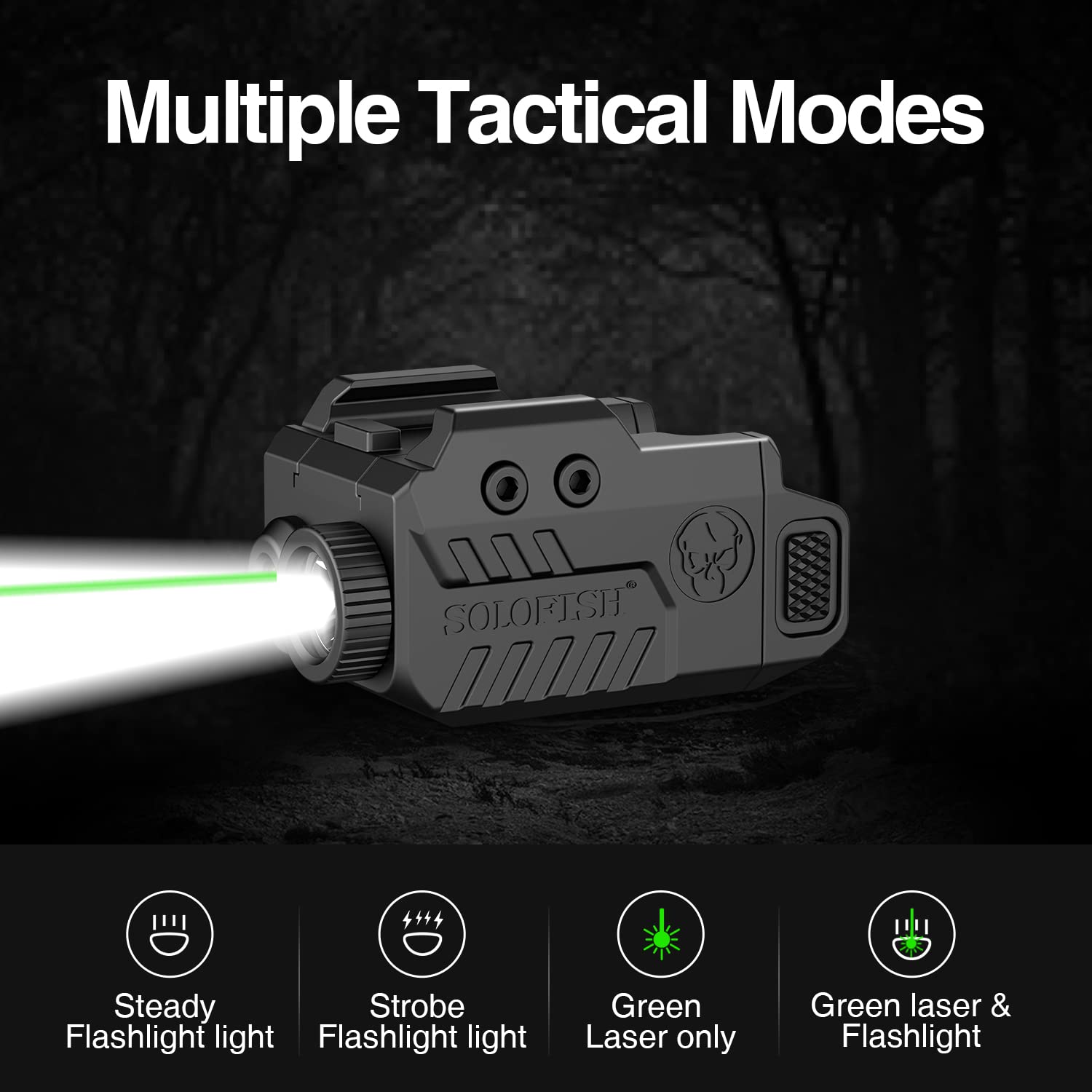 SOLOFISH 450lm Slidable Pistol Light Laser Combo for Compact Rail, Shockproof Gun Light and Green Laser Sight with Strobe & Memory, Rechargeable