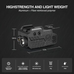 SOLOFISH 450lm Slidable Pistol Light Laser Combo for Compact Rail, Shockproof Gun Light and Green Laser Sight with Strobe & Memory, Rechargeable