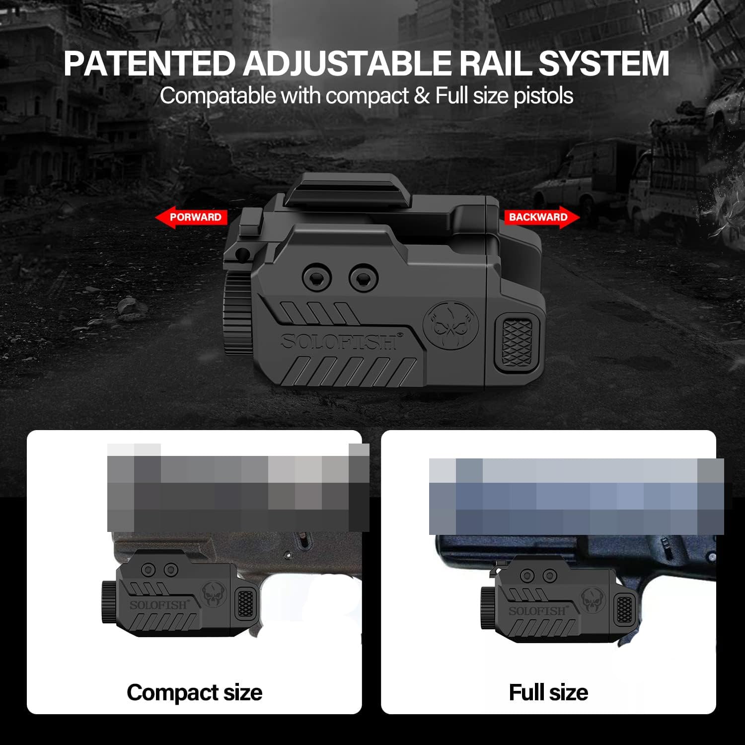 SOLOFISH 450lm Slidable Pistol Light Laser Combo for Compact Rail, Shockproof Gun Light and Green Laser Sight with Strobe & Memory, Rechargeable