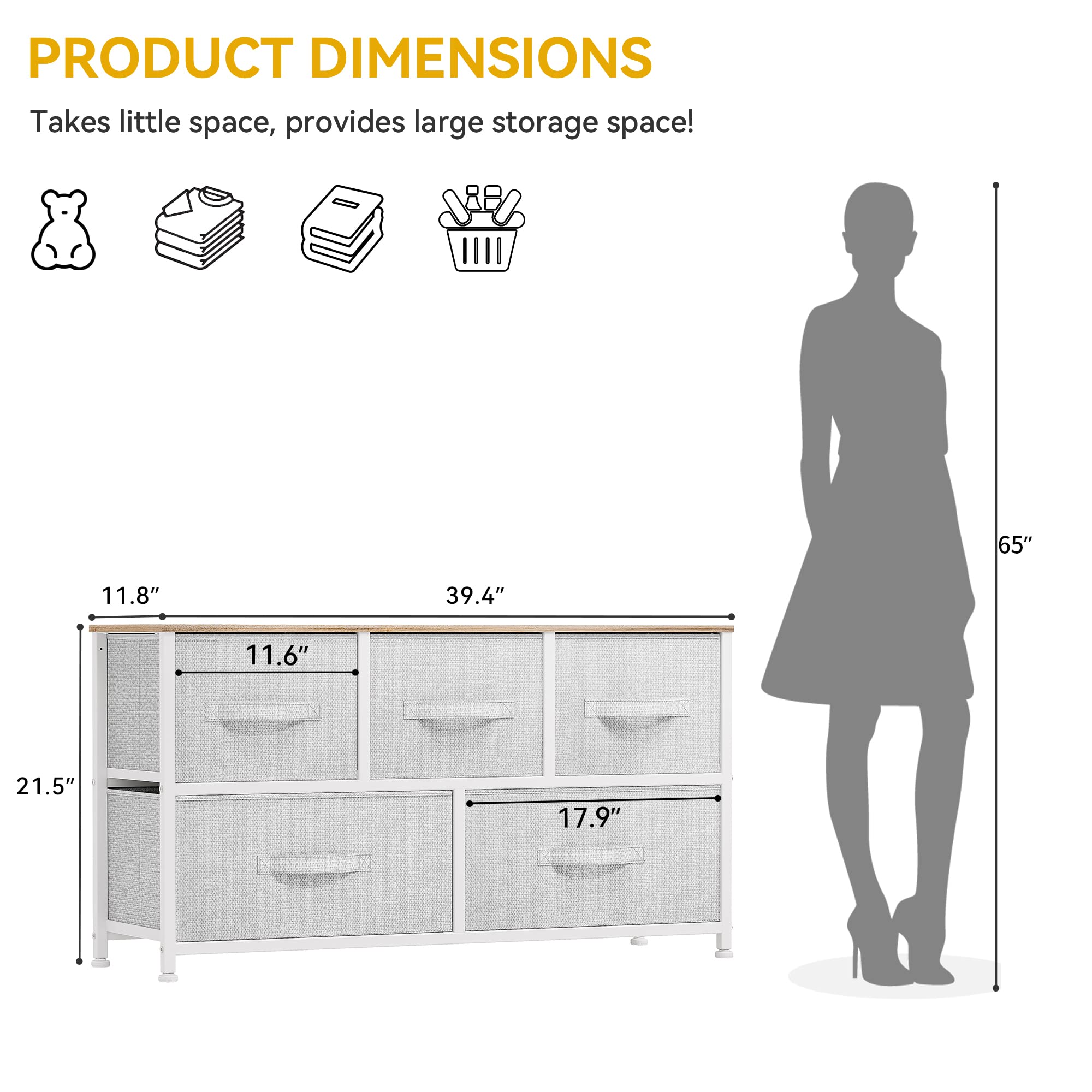 DWVO Dresser TV Stand, Fabric Dresser with 5 Drawers, Dresser for Bedroom, Wide Dresser, Storage Tower, Chest of Drawers for Closet, Living Room, Hallway, Light Grey