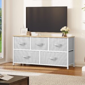 DWVO Dresser TV Stand, Fabric Dresser with 5 Drawers, Dresser for Bedroom, Wide Dresser, Storage Tower, Chest of Drawers for Closet, Living Room, Hallway, Light Grey