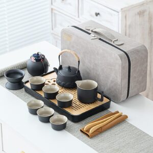 ichag asian tea set |kungfu tea sets |ceramic portable tea set |tea sets for adult |13-piece withgrey leather case |tea set gift for home, outdoor, business (ceramic-black teaset)