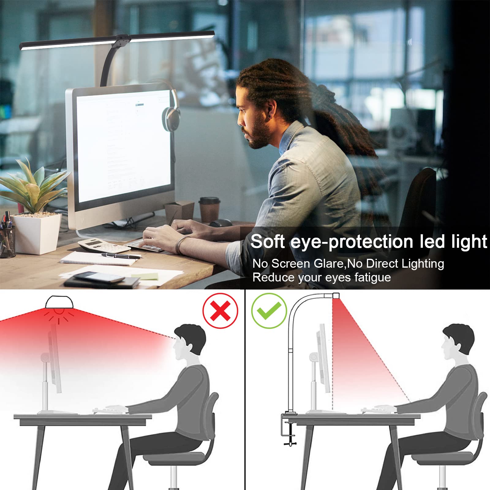 hamiey LED Desk Lamp,Architect Desk Lamps for Home Office,24W Brightest Workbench Office LED Reading Lighting 5 Color Modes and 5 Dimmable Eye Protection Desk Lamp for Monitor Studio Reading