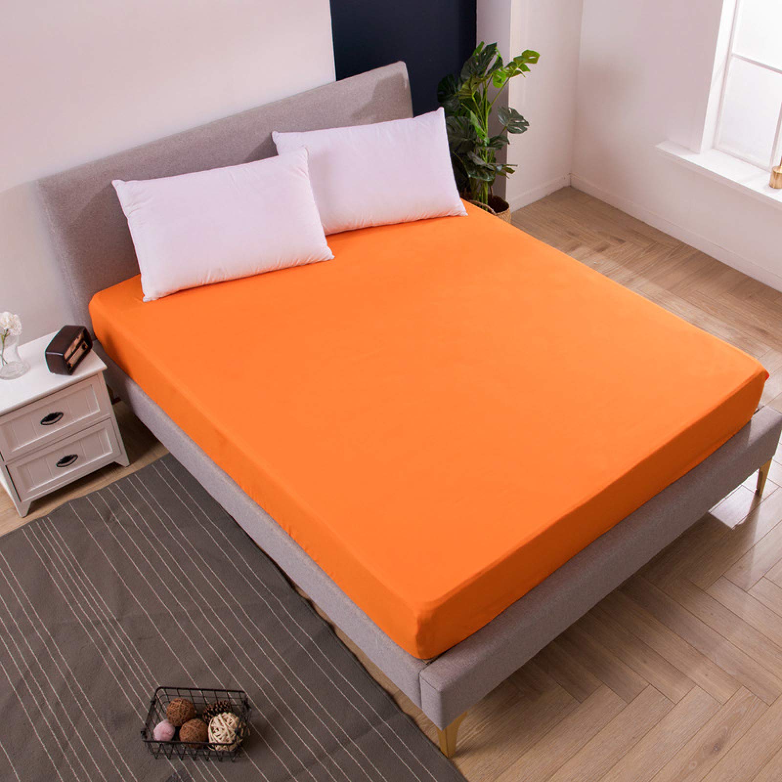 King Fitted Sheet,Solid Color Brushed Waterproof Deep Pocket Fitted Sheet, Bedroom Hotel Bed Sheet,Fits 12"/30cm Deep Mattresses,Orange,King 76X80+18inch