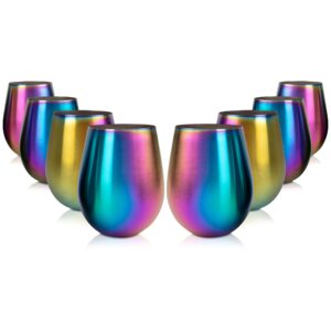 'eco unbreakable holographic stainless steel wine glasses (16 oz, set of 8) - multi-color wine tumblers maintain drink temperature - great for entertaining & parties - shatterproof, reusable tumblers